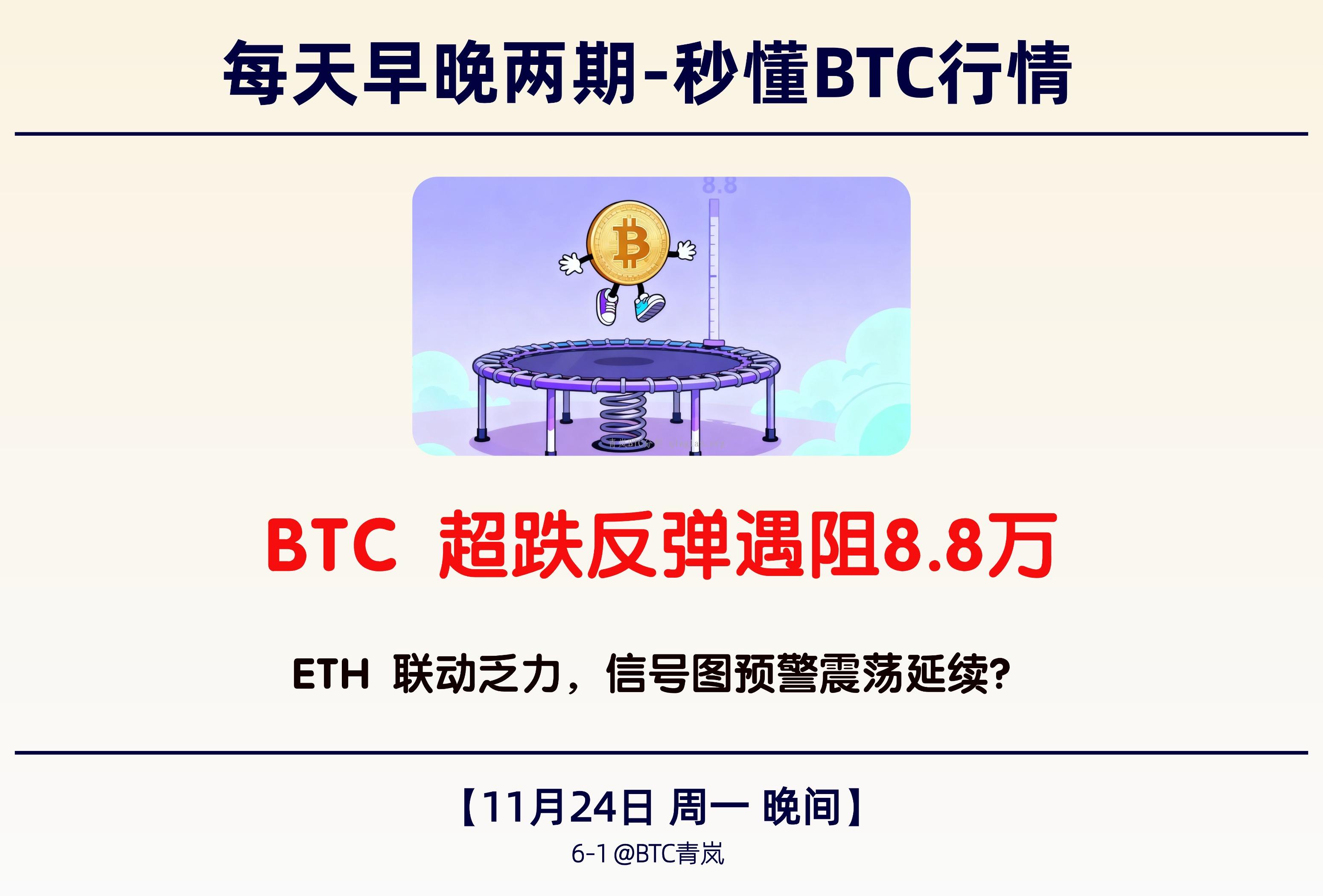11月24日 周一 晚间|BTC 超跌反弹遇阻8.8万|ETH 联动乏力，信号图预警震荡延续？